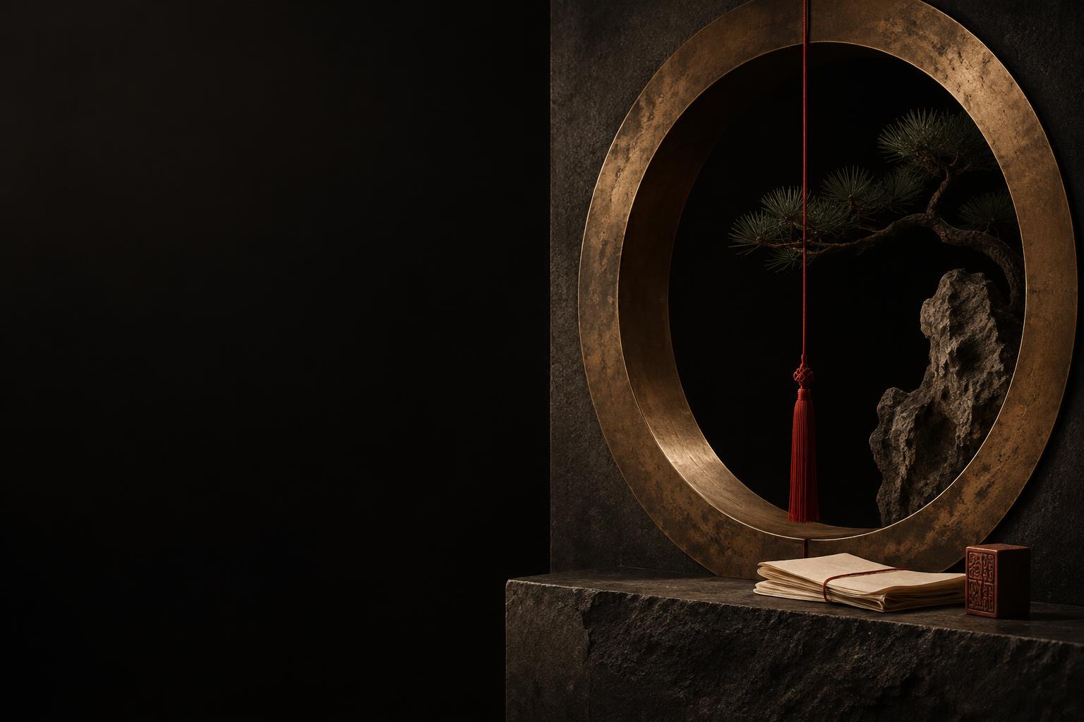 A brass moon gate, crimson thread, and Korean paper seal
